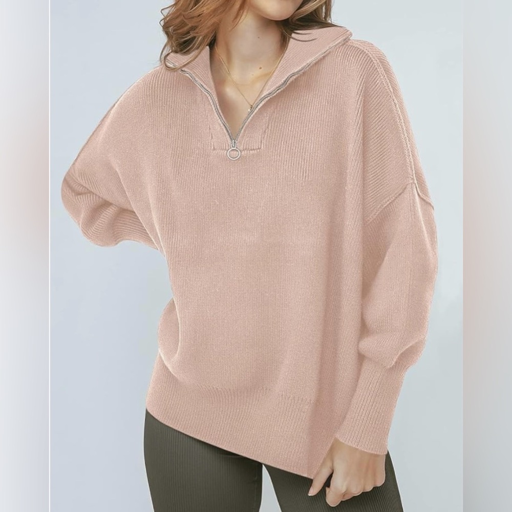 Anrabess Women's Blush Pink Quarter-Zip Pullover Ribbed Sweater, XL
